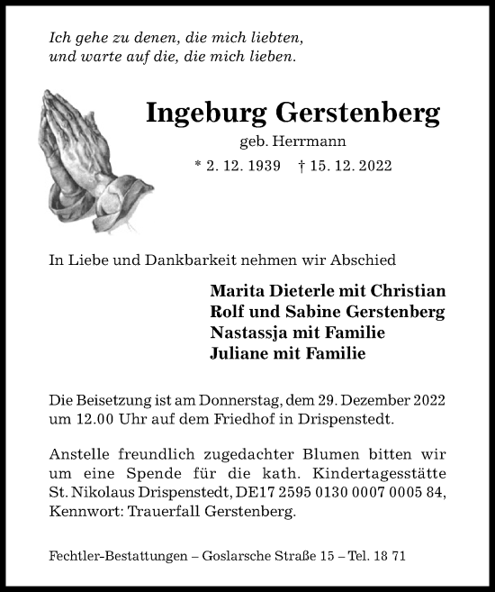 Traueranzeige von Ingeburg Gerstenberg von Hildesheimer Allgemeine Zeitung