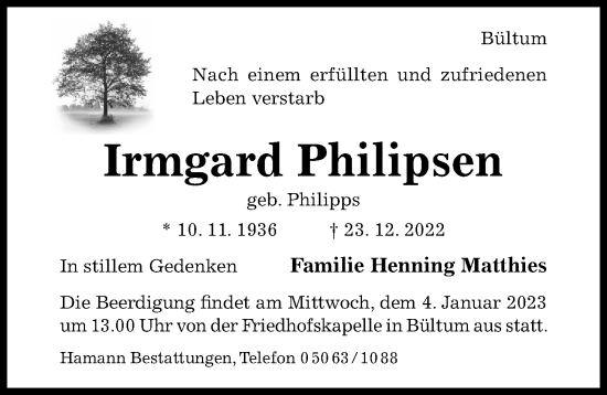 Traueranzeige von Irmgard Philipsen von Hildesheimer Allgemeine Zeitung