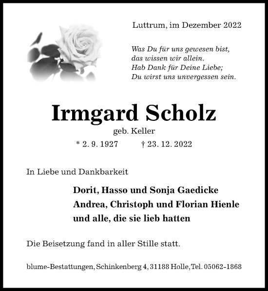 Traueranzeige von Irmgard Scholz von Hildesheimer Allgemeine Zeitung