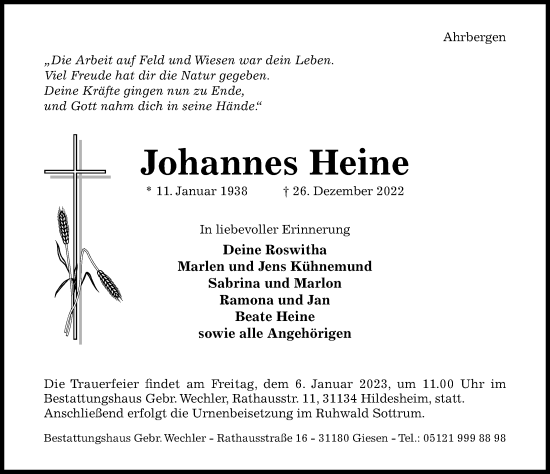 Traueranzeige von Johannes Heine von Hildesheimer Allgemeine Zeitung