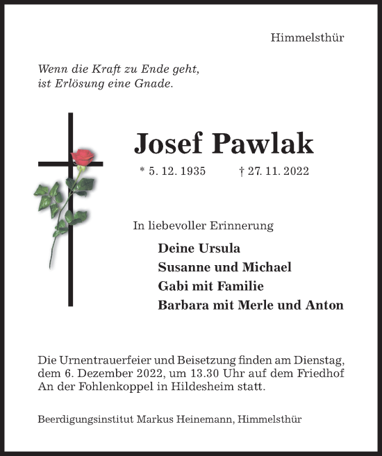Traueranzeige von Josef Pawlak von Hildesheimer Allgemeine Zeitung