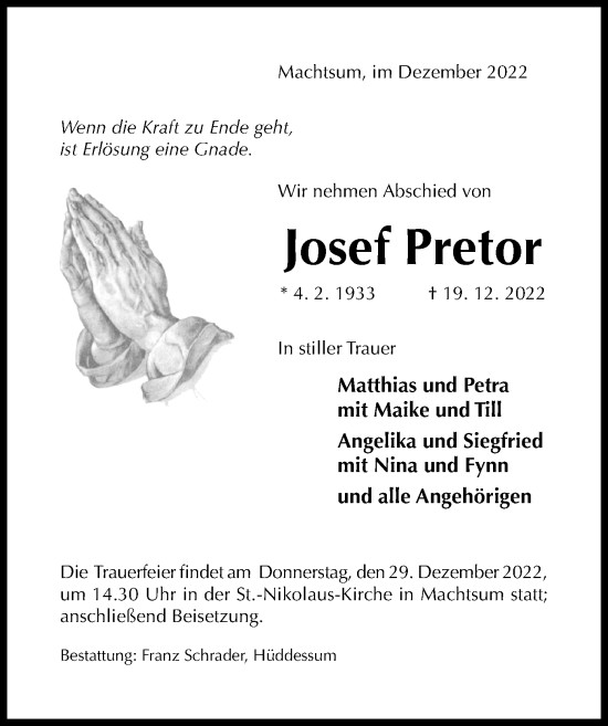 Traueranzeige von Josef Pretor von Hildesheimer Allgemeine Zeitung