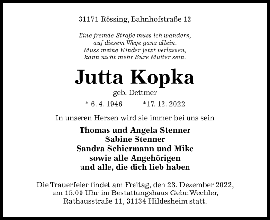 Traueranzeige von Jutta Kopka von Hildesheimer Allgemeine Zeitung