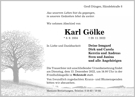 Traueranzeige von Karl Gölke von Hildesheimer Allgemeine Zeitung