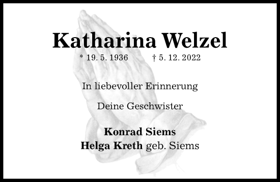 Traueranzeige von Katharina Welzel von Hildesheimer Allgemeine Zeitung