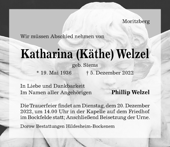 Traueranzeige von Katharina Welzel von Hildesheimer Allgemeine Zeitung