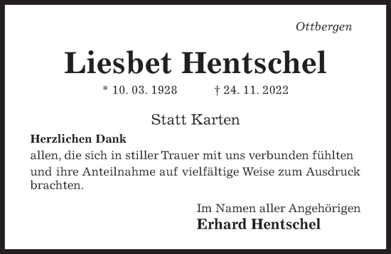 Traueranzeige von Liesbet Hentschel von Hildesheimer Allgemeine Zeitung