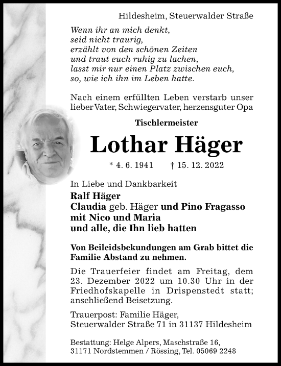 Traueranzeige von Lothar Häger von Hildesheimer Allgemeine Zeitung