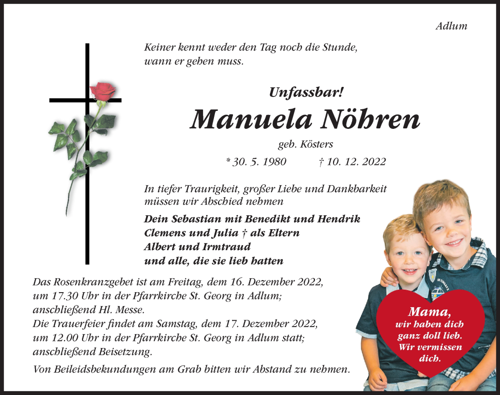  Traueranzeige für Manuela Nöhren vom 14.12.2022 aus Hildesheimer Allgemeine Zeitung