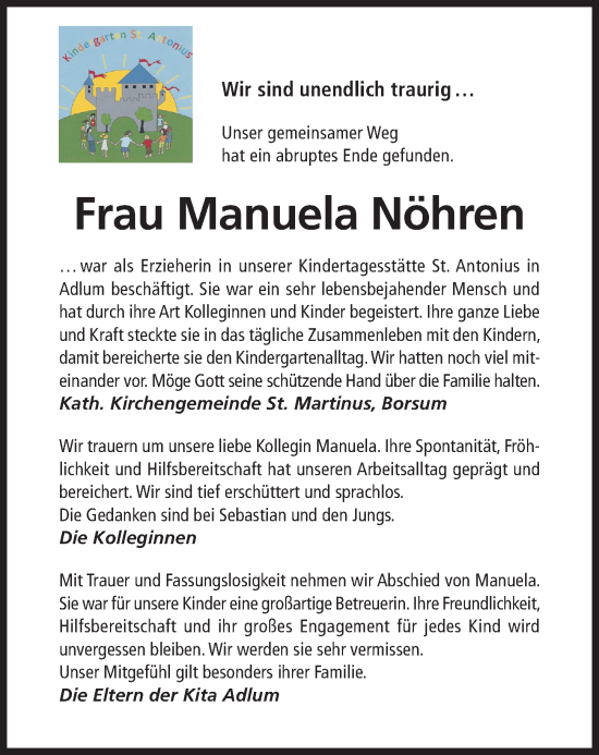 Traueranzeige von Manuela Nöhren von Hildesheimer Allgemeine Zeitung