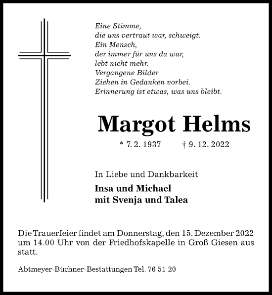 Traueranzeige von Margot Helms von Hildesheimer Allgemeine Zeitung