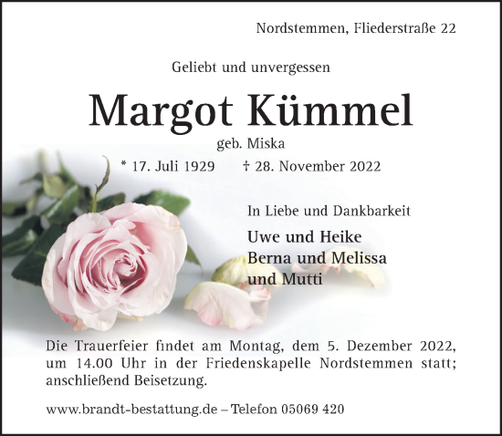 Traueranzeige von Margot Kümmel von Hildesheimer Allgemeine Zeitung