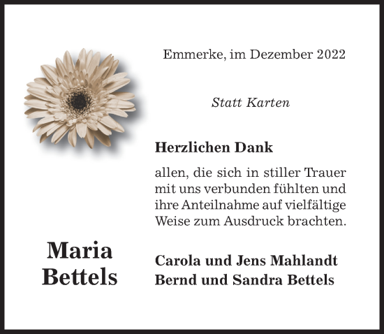 Traueranzeige von Maria Bettels von Hildesheimer Allgemeine Zeitung