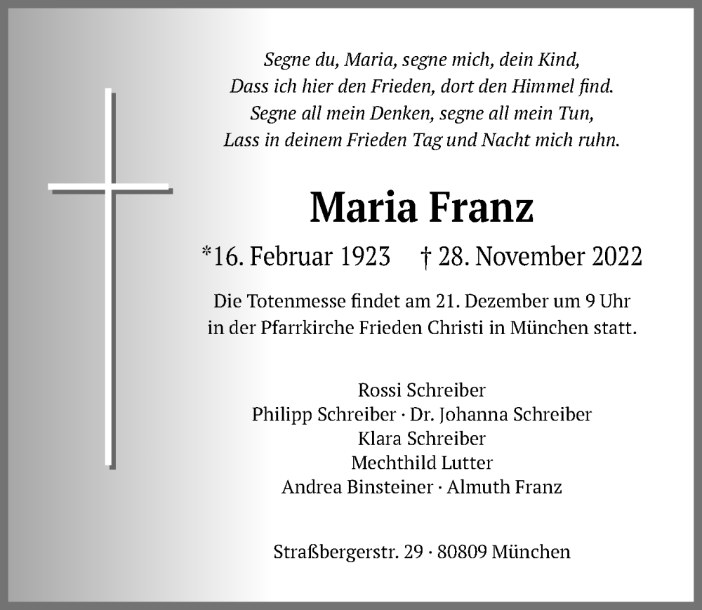  Traueranzeige für Maria Franz vom 17.12.2022 aus Hildesheimer Allgemeine Zeitung