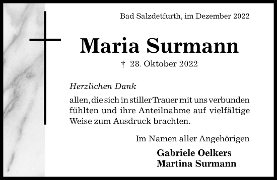 Traueranzeige von Maria Surmann von Hildesheimer Allgemeine Zeitung