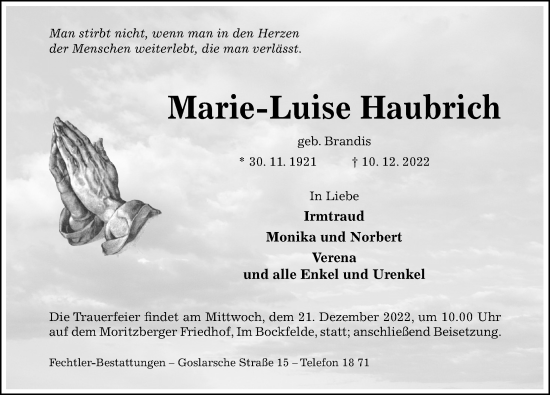 Traueranzeige von Marie-Luise Haubrich von Hildesheimer Allgemeine Zeitung