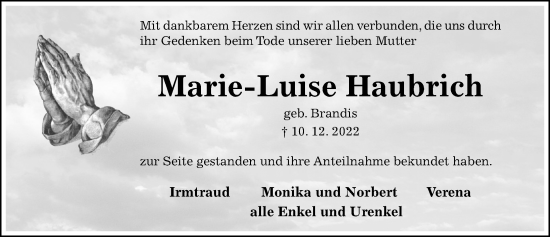 Traueranzeige von Marie-Luise Haubrich von Hildesheimer Allgemeine Zeitung