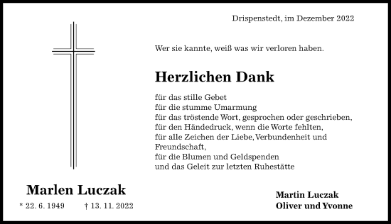 Traueranzeige von Marlen Luczak von Hildesheimer Allgemeine Zeitung