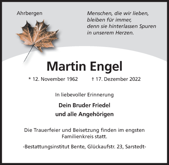 Traueranzeige von Martin Engel von Hildesheimer Allgemeine Zeitung