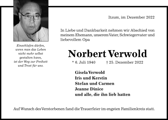 Traueranzeige von Norbert Verwold von Hildesheimer Allgemeine Zeitung