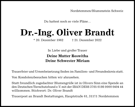 Traueranzeige von Oliver Brandt von Hildesheimer Allgemeine Zeitung