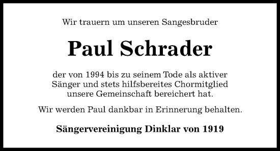 Traueranzeige von Paul Schrader von Hildesheimer Allgemeine Zeitung