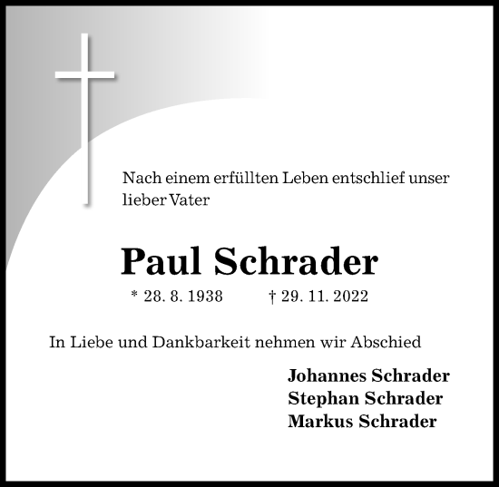 Traueranzeige von Paul Schrader von Hildesheimer Allgemeine Zeitung