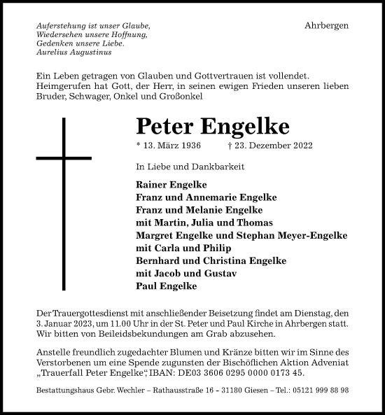 Traueranzeige von Peter Engelke von Hildesheimer Allgemeine Zeitung