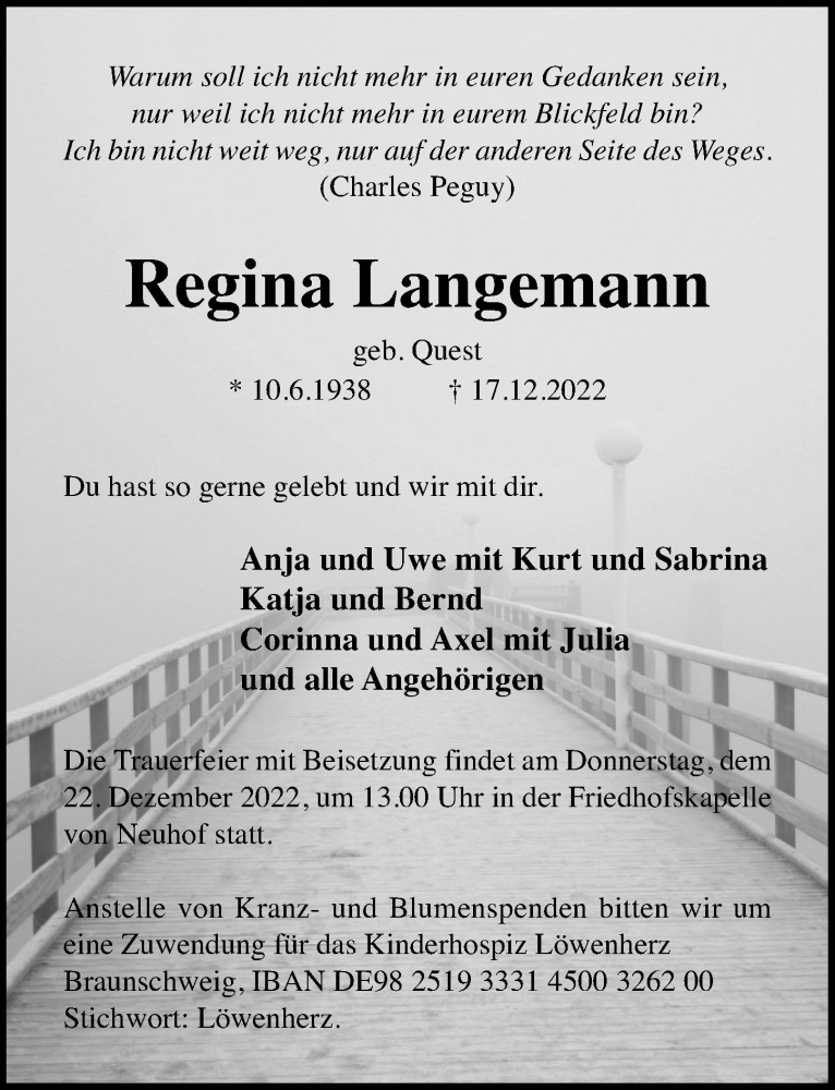  Traueranzeige für Regina Langemann vom 20.12.2022 aus Hildesheimer Allgemeine Zeitung