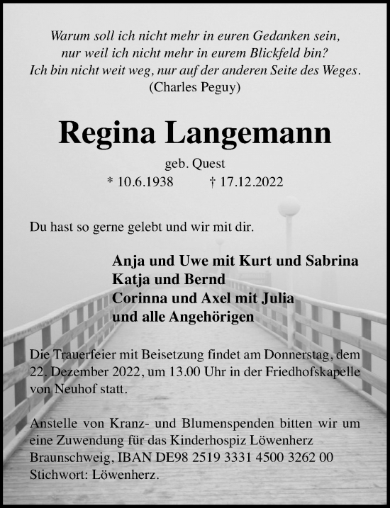 Traueranzeige von Regina Langemann von Hildesheimer Allgemeine Zeitung