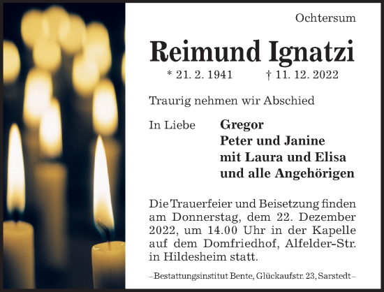 Traueranzeige von Reimund Ignatzi von Hildesheimer Allgemeine Zeitung