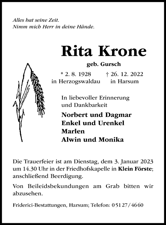 Traueranzeige von Rita Krone von Hildesheimer Allgemeine Zeitung