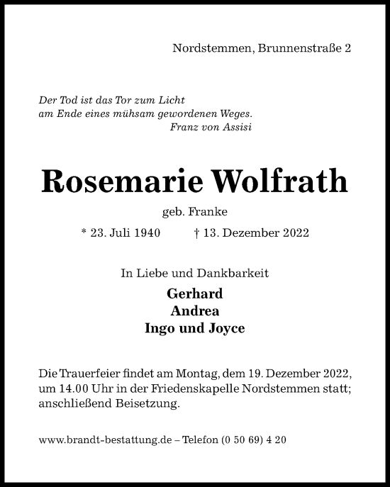 Traueranzeige von Rosemarie Wolfrath von Hildesheimer Allgemeine Zeitung