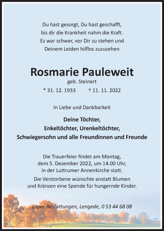 Traueranzeige von Rosmarie Pauleweit von Hildesheimer Allgemeine Zeitung