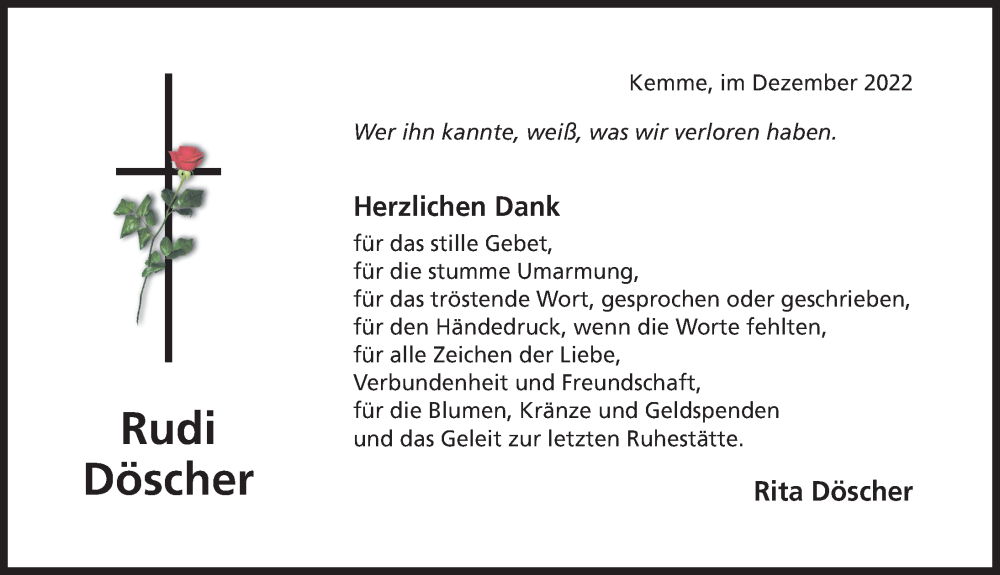  Traueranzeige für Rudi Döscher vom 15.12.2022 aus Hildesheimer Allgemeine Zeitung