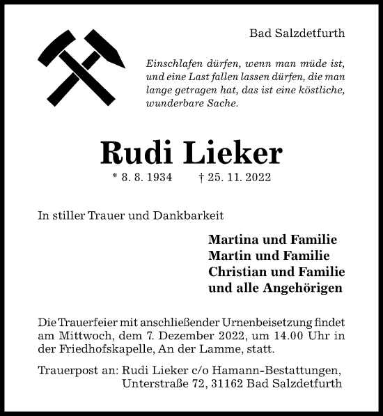 Traueranzeige von Rudi Lieker von Hildesheimer Allgemeine Zeitung