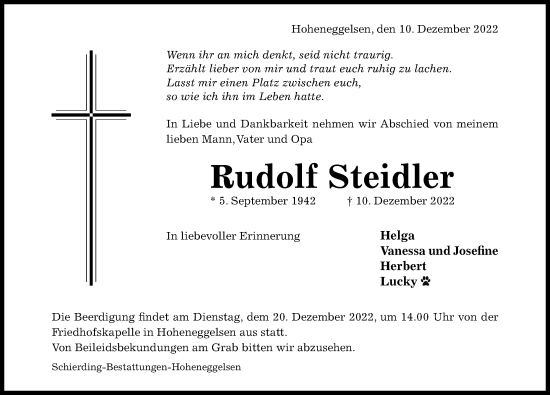 Traueranzeige von Rudolf Steidler von Hildesheimer Allgemeine Zeitung