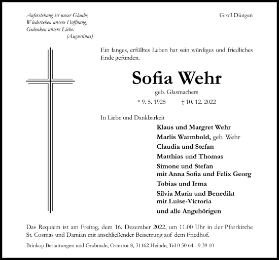 Traueranzeige von Sofia Wehr von Hildesheimer Allgemeine Zeitung