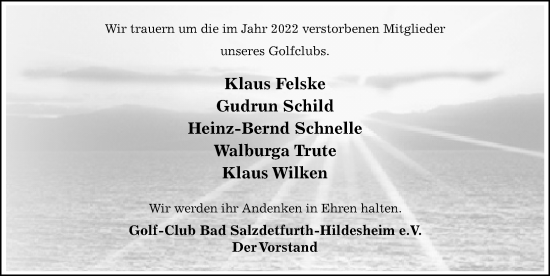 Traueranzeige von Trauerfälle Golf-Club Bad Salzdetfurth-Hildesheim e.V. von Hildesheimer Allgemeine Zeitung