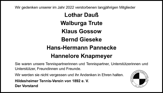 Traueranzeige von Trauerfälle Hildesheimer Tennis-Verein von Hildesheimer Allgemeine Zeitung