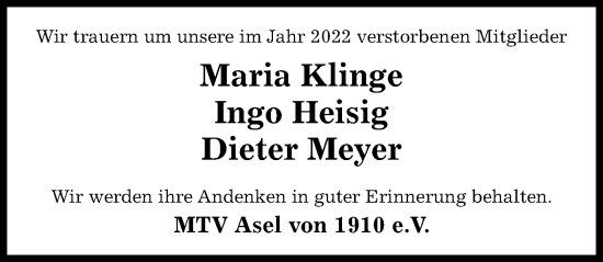 Traueranzeige von Trauerfälle MTV Asel von Hildesheimer Allgemeine Zeitung