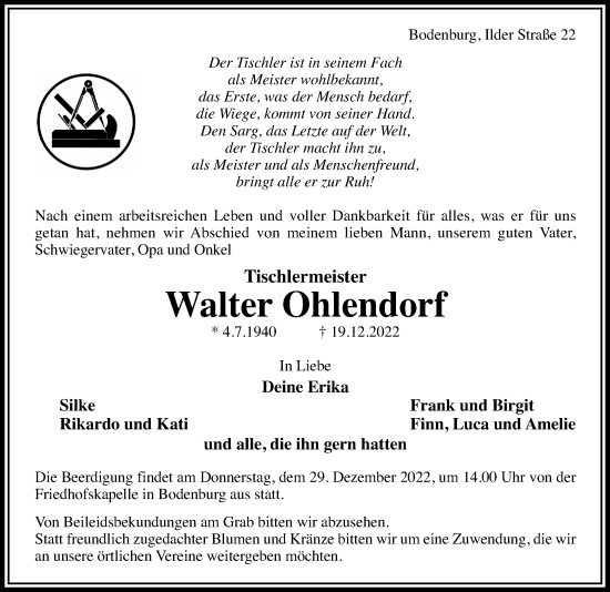 Traueranzeige von Walter Ohlendorf von Hildesheimer Allgemeine Zeitung