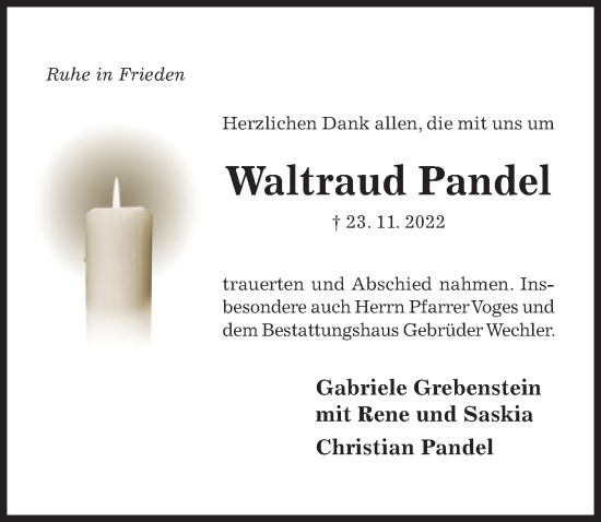 Traueranzeige von Waltraud Pandel von Hildesheimer Allgemeine Zeitung