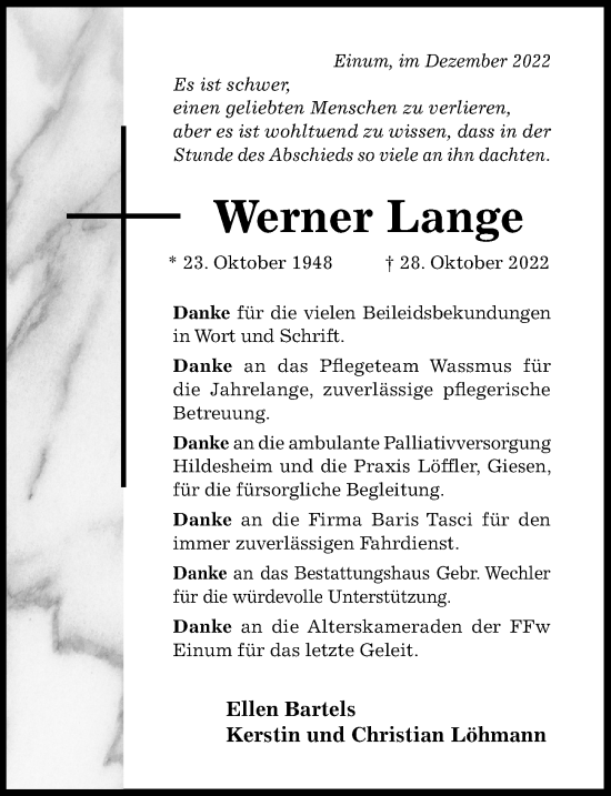 Traueranzeige von Werner Lange von Hildesheimer Allgemeine Zeitung