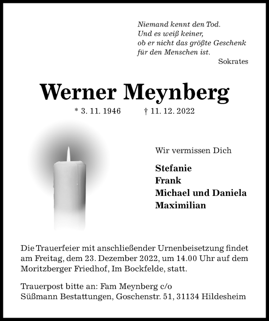 Traueranzeige von Werner Meynberg von Hildesheimer Allgemeine Zeitung