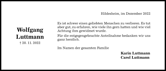 Traueranzeige von Wolfgang Luttmann von Hildesheimer Allgemeine Zeitung