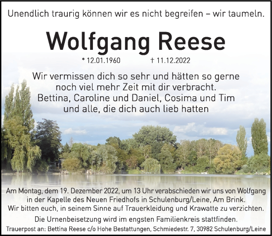 Traueranzeige von Wolfgang Reese von Hildesheimer Allgemeine Zeitung