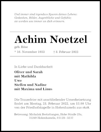 Traueranzeige von Achim Noetzel von Hildesheimer Allgemeine Zeitung