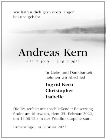 Traueranzeige von Andreas Kern von Hildesheimer Allgemeine Zeitung