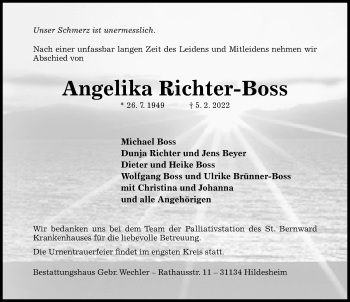 Traueranzeige von Angelika Richter-Boss von Hildesheimer Allgemeine Zeitung